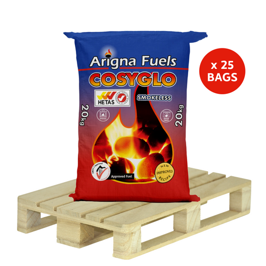 Arigna Fuels Cosyglo smokeless fuel bag on a wooden pallet with a HETAS logo.