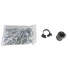 Bag of metal screws and two black plastic components on a white background