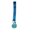Blue pet tag with number '02' on a white background