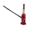 Red hydraulic bottle jack on a white background