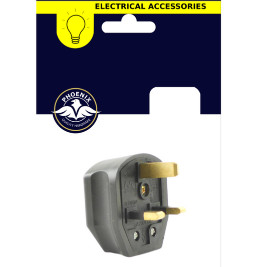 A UK three-pin electrical plug accessory in its original retail packaging. The product is a dark gray plastic plug with brass-colored pins, shown below a navy blue and yellow header card featuring the text 'ELECTRICAL ACCESSORIES' and the 'Phoenix' brand logo.