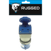 A blue and gray electrical outlet socket with its hinged cover open, shown below a branded header card featuring a bear logo and the word RUGGED.