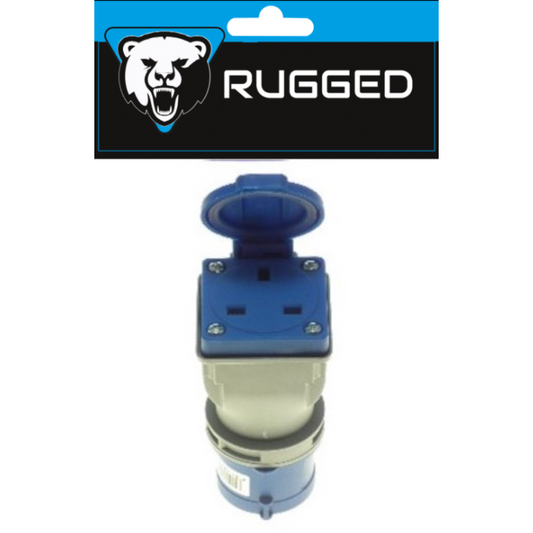 A blue and gray electrical outlet socket with its hinged cover open, shown below a branded header card featuring a bear logo and the word RUGGED.