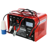 A red and black electric battery charger with attached red and black cables, clamps, and a blue-and-white connector, shown on a plain white background.