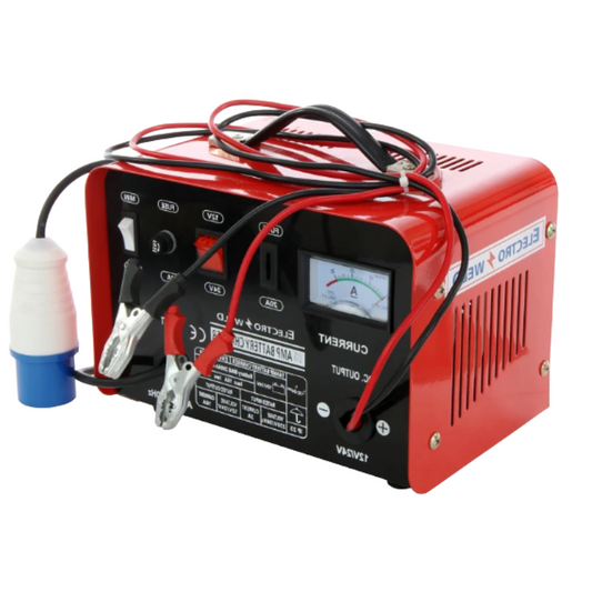 A red and black electric battery charger with attached red and black cables, clamps, and a blue-and-white connector, shown on a plain white background.