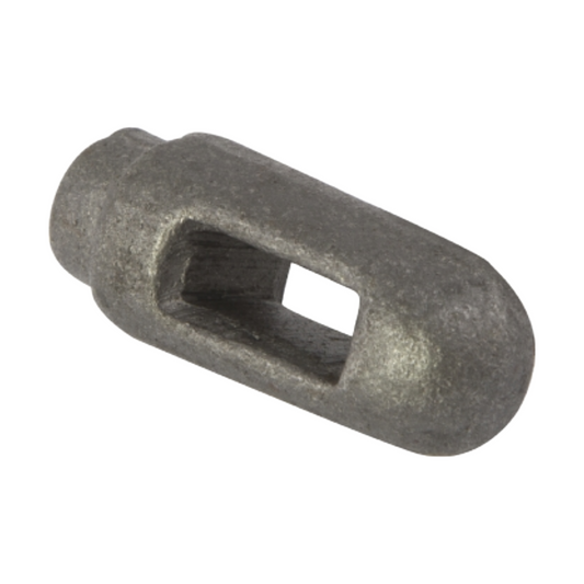 Metallic cylindrical component with a rectangular hole on a white background