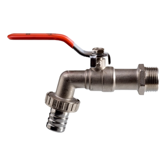 Metal valve with red handle on a white background