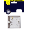 A white plastic electrical wall socket backplate shown below its retail hanging card. The card is dark navy blue with a yellow header reading 'ELECTRICAL ACCESSORIES' and features the Phoenix Lighting Industries logo.