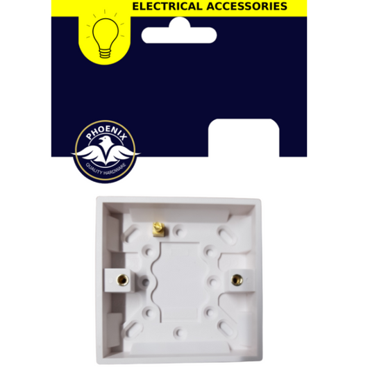 A white plastic electrical wall socket backplate shown below its retail hanging card. The card is dark navy blue with a yellow header reading 'ELECTRICAL ACCESSORIES' and features the Phoenix Lighting Industries logo.