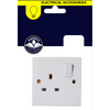 socket with switch on white background in navy and yellow writing