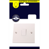 A single-gang white electrical switch plate mounted on its original retail backing card, which features a navy blue background, a yellow header with a lightbulb icon, and the Phoenix Electrical Accessories logo.