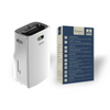 White 20 Litre Dehumidifier with back of box on a white background