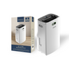 White dehumidifier with packaging displaying '2 years guarantee' on a white background