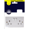 A double single-toggle electrical wall socket in a white plastic cover, mounted on its original retail card packaging. The packaging features a dark navy blue top section with a yellow 'ELECTRICAL ACCESSORIES' banner, a Phoenix Quality Assurance logo, and a lightbulb icon.