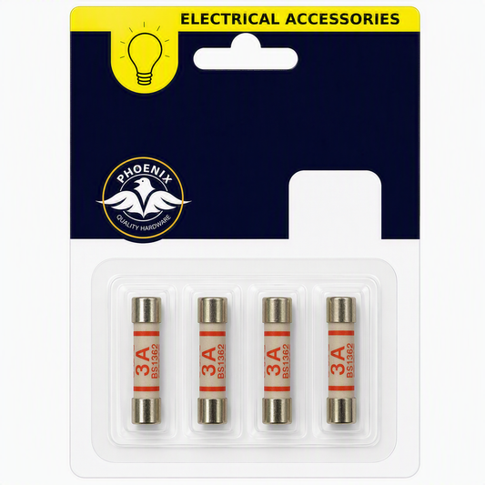 Phoenix Electrical Accessories 4-pack of BS 1362 3A fuses in a blister pack with a dark blue and yellow header card.