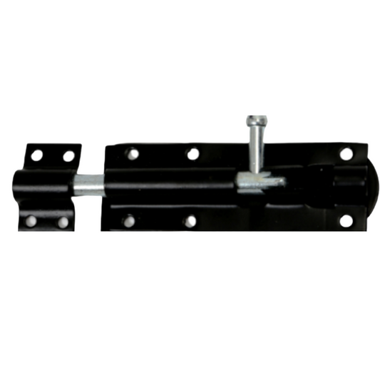 A black metal security door bolt with a silver-colored bolt and nut, shown against a plain white background.