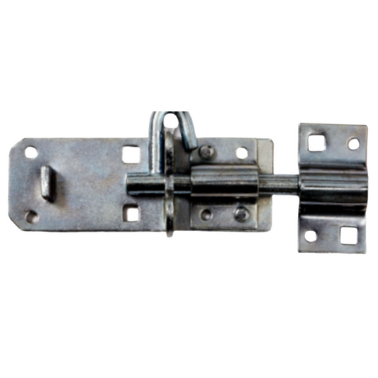 A galvanized steel bolt latch and strike plate assembly, shown against a plain white background.