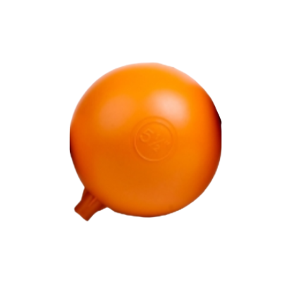 Orange plastic object with a logo on a white background