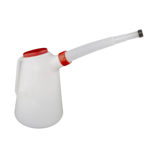 White and red plastic bottle with a long spout on a white background
