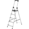 A silver aluminum step ladder with black plastic feet, a black textured middle step, and a black top handle, shown on a plain white background.