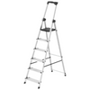 A silver aluminum step ladder with five steps, a black seat, and black handle grips, shown on a plain white background.