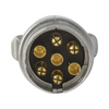 Close-up of a metal connector with gold contacts on a white background