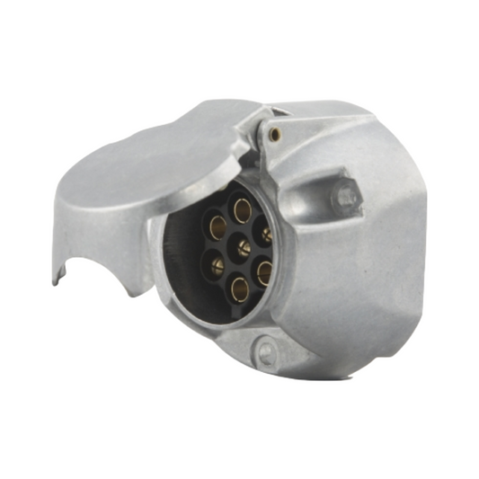 Metallic electrical connector on a white background