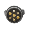 Black electrical connector with gold contacts on a white background