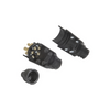 Black electrical connectors on a white background