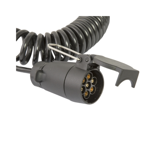 Coiled black cable with a plug on a white background