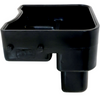 Black plastic automotive fuel tank filler cap assembly with a visible  embossed logo on the side, isolated on a white background.