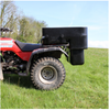 A black plastic utility storage box mounted on the rear of a red Honda ATV in a grassy field under a blue sky.