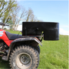 A black plastic storage container mounted on the rear rack of a red ATV in an outdoor grassy field under a blue sky.