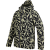 A hooded zip-up jacket featuring a bold black floral hibiscus pattern on a light olive-beige background, shown against a plain white background.