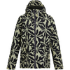 A hooded zip-up jacket featuring a bold black floral or leaf-like pattern on a beige background, shown against a plain white studio background.