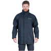 Man wearing a dark blue raincoat with a visible brand logo on a white background