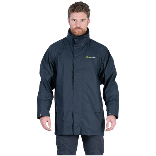 Man wearing a dark blue raincoat with a visible brand logo on a white background