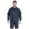 Man wearing a navy raincoat with AgriShield logo on a white background