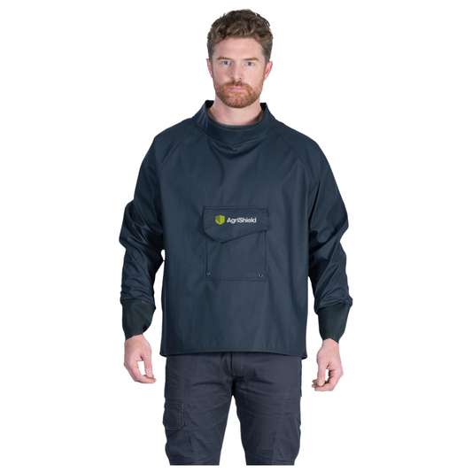 Man wearing a navy raincoat with AgriShield logo on a white background