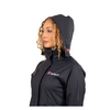Person wearing a navy raincoat with a visible brand logo on a white background