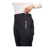 Black pants with a logo on the pocket against a white background