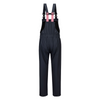 Black bib overalls with pink straps on a white background