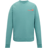 A teal long-sleeve crewneck sweatshirt with a small coral and black graphic logo on the left chest, displayed on a clean white background.