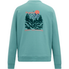 A teal long-sleeve crewneck sweatshirt shown from the back, featuring a large graphic print of a pine forest, mountains, a winding river, and a red sun, with the text 'MOUNTAIN LIFE' and 'GREAT OUTDOORS' in coral pink.