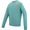 A teal long-sleeve crewneck sweatshirt with a small coral and dark green logo on the left chest, displayed on a clean white background.