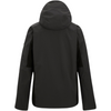 A black hooded jacket shown from the back, featuring integrated black shoulder panels, photographed against a solid white background.