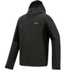 A black hooded softshell jacket with a full front zipper, zippered chest pocket, and a small white logo on the left chest, shown on a plain white background.