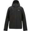 A black hooded outdoor jacket with a full front zipper, zippered chest pocket, and subtle white logo on the left chest, shown on a plain white background.
