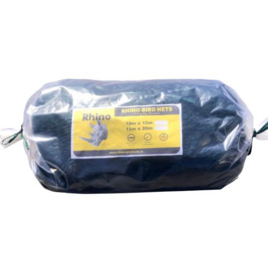 A packaged roll of black Rhino Bird Nets wrapped in clear plastic with a yellow and black label showing the brand 'Rhino' and product details.