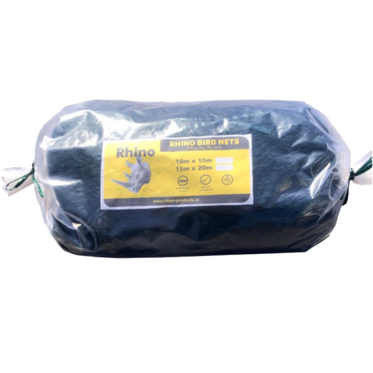 A packaged roll of black Rhino Bird Nets wrapped in clear plastic with a yellow and black label, shown on a plain white background.
